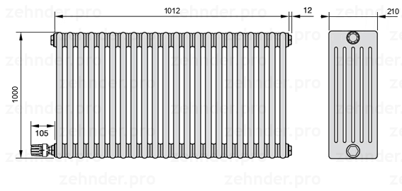 Схема (чертеж) Радиатор Zehnder Charleston 6100/22 №V003 Белый глянцевый RAL 9016